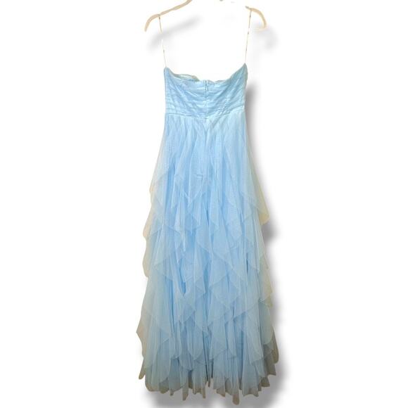 Lulus NWOT Delightful Beauty Blue Mesh Strapless Ruched Ruffled Maxi Dress - Picture 8 of 10